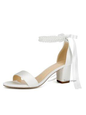 Women's Pearl Open Toe Block Heel Satin Wedding Sandals with Bow